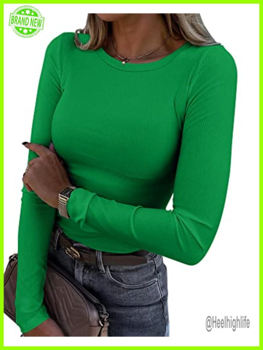 Roselux Women's Ribbed Long Sleeve Crewneck Fitted T-Shirt Casual Basic Top